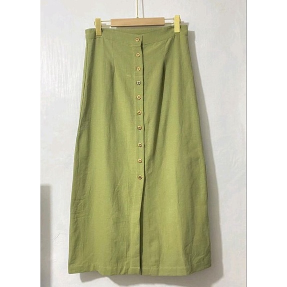 ROK SPAN LINEN BAWAHAN PANJANG WANITA KOREA STYLE KERJA KANTOR KASUAL CASUAL ROK SPAN BELAH TENGAH SKIRT WANITA KANCING TENGAH DEPAN-Olive