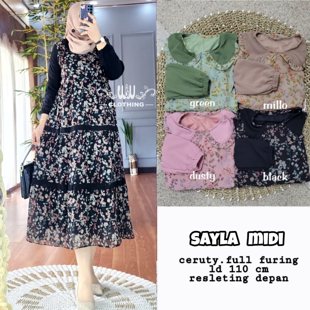 dress Wanita Muslimah terbaru bahan ceruty full furing Ld110 SAYLA MIDI W&W