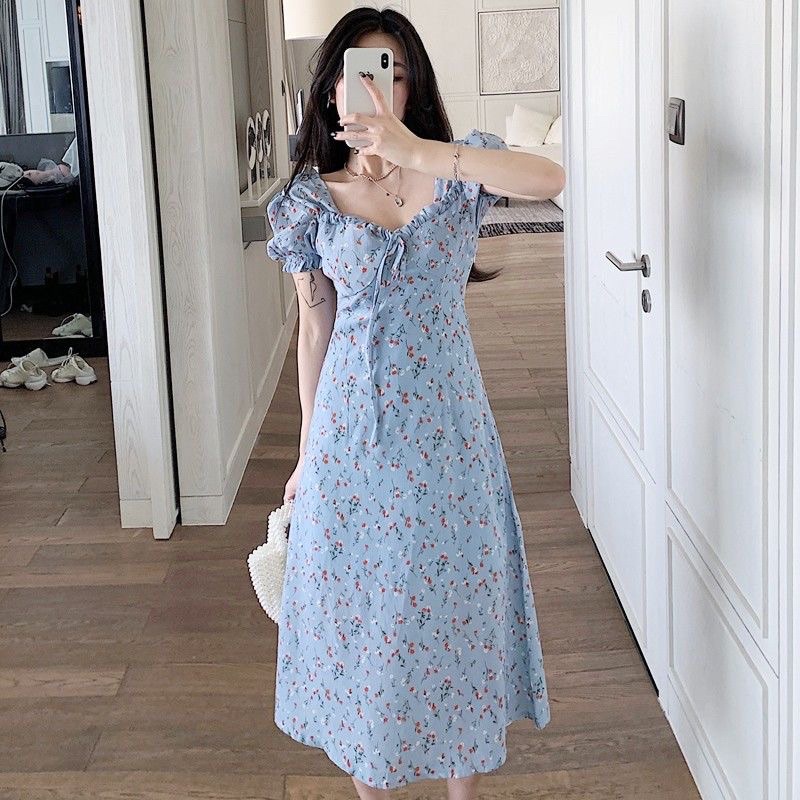 D132- Korean Blue Midi Dress Vintage Motif Flower Square Neck-2