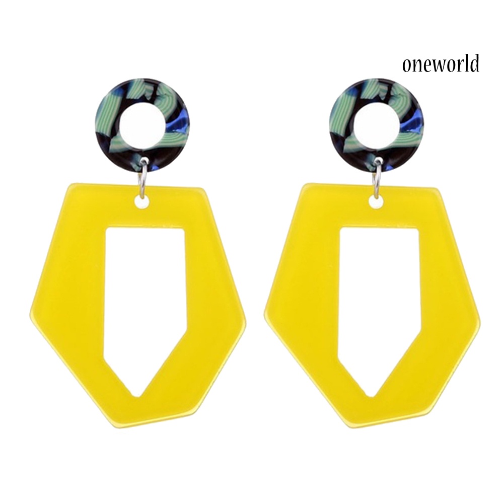 OW@ Fashion Circle Hollow Hexagon Acrylic Long Dangle Women Stud Earrings Jewelry