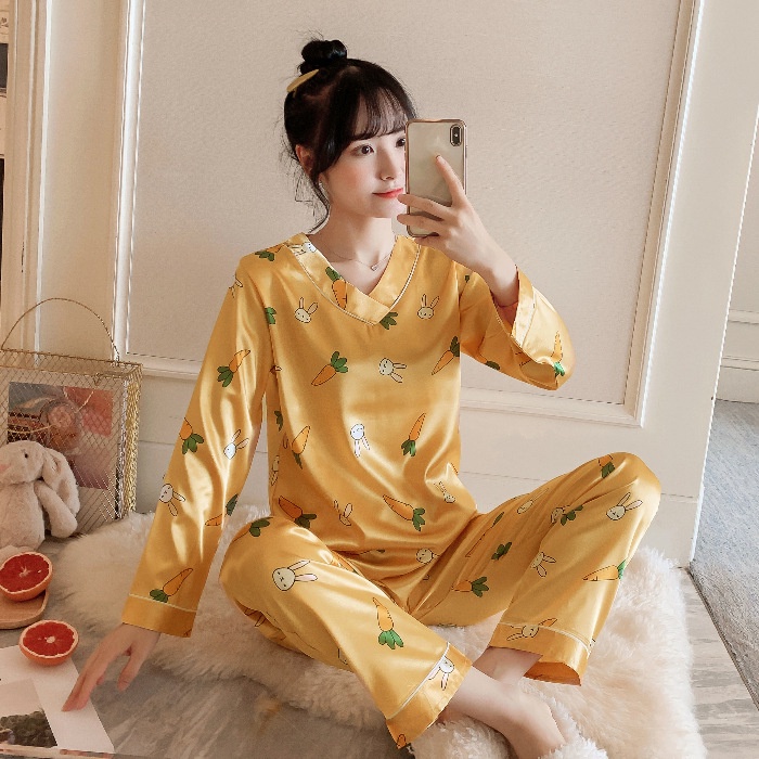 Lovera Set Baju Tidur Bahan Satin PP Lengan Panjang Celana Panjang Import