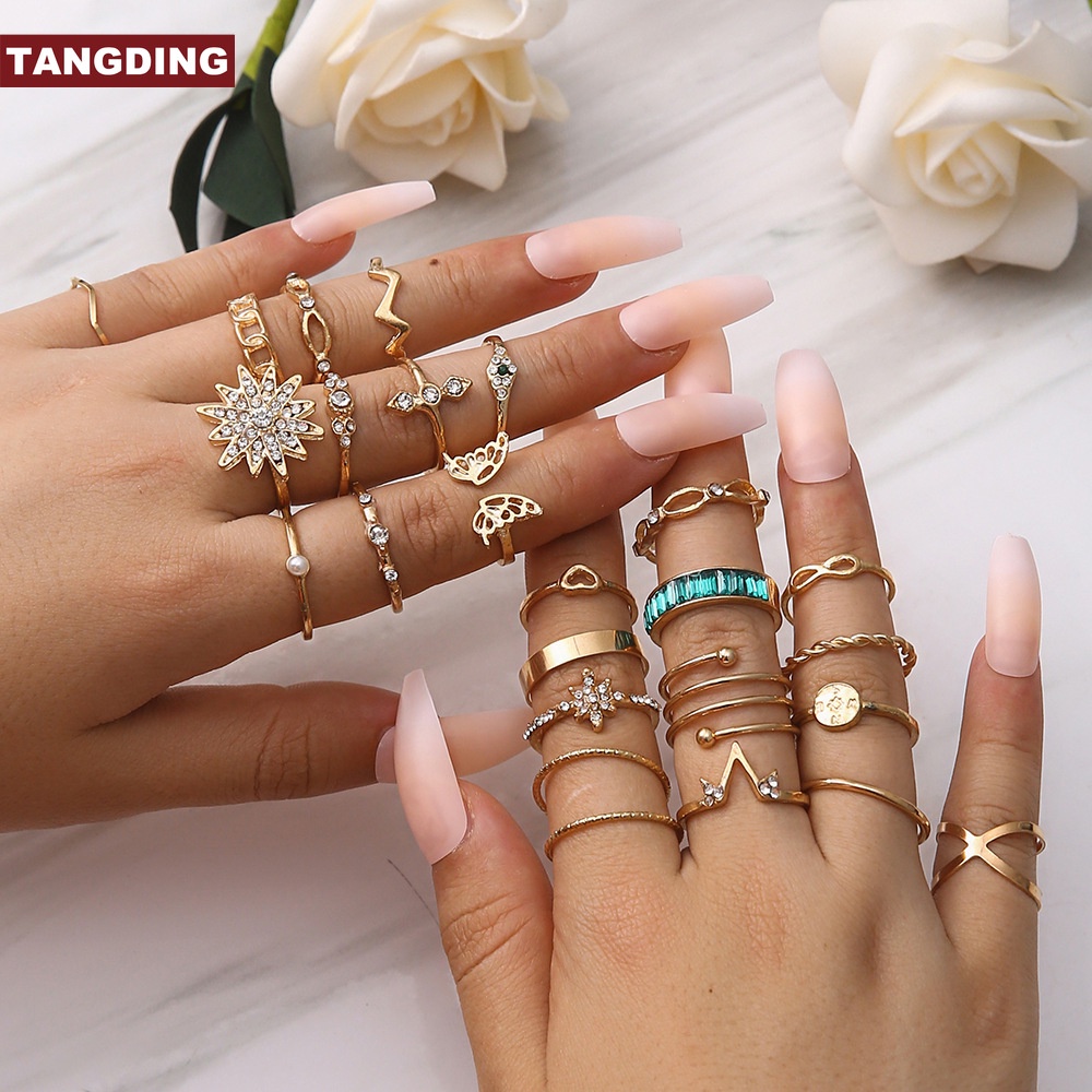 【COD Tangding】24pcs / set Cincin Desain Kupu-Kupu / Hati Hias Turquoise / Berlian Mikro Untuk Wanita