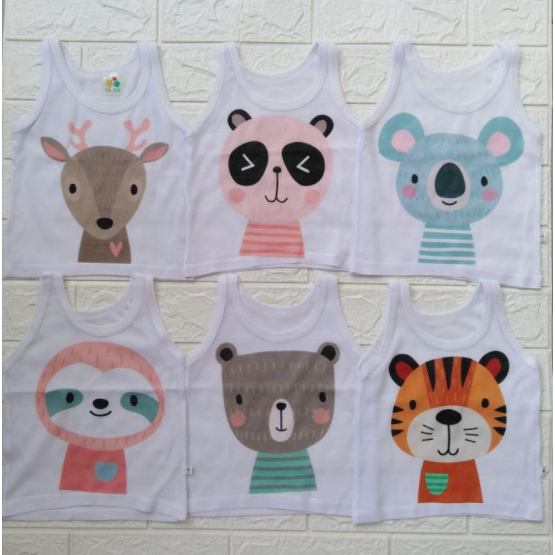 Kaos Dalam Bayi SINGLET Kutung PUTIH Motif Karakter Usia 0 sd 24 Bulan Unisex