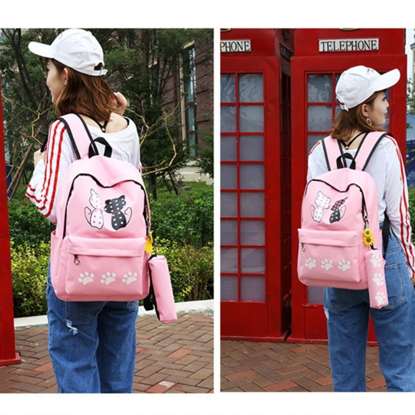 KSO_BAG - Tas Ransel Anak Wanita Terbaru 2021 Kekinian Backpack Kucing Kembar 4in1 Korean Style