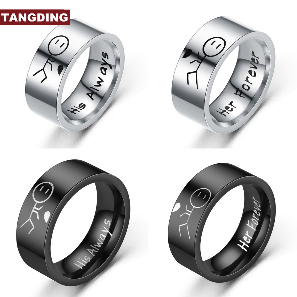 【COD Tangding】cincin Titanium Silver Motif Tulisan Her Forever His Always I Love You Untuk Pasangan / Pria / Wanita