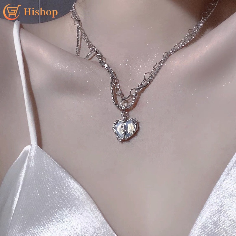 Kalung Rantai Choker Liontin Hati Mutiara Ganda Warna Silver Untuk Aksesoris Perhiasan Wanita