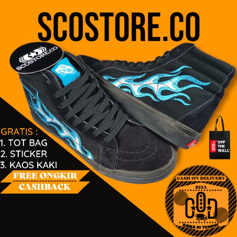 Sepatu Sneakers Pria Vans SK8 High Black Blue Flame WTAPS 1:1 Original Quality