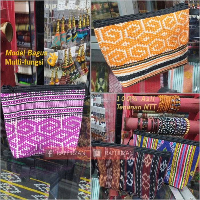 Tas Kosmetik / Aksesoris Dengan Pegangan Tampil Elegan Kain Motif Etnik Tenun NTT KmT