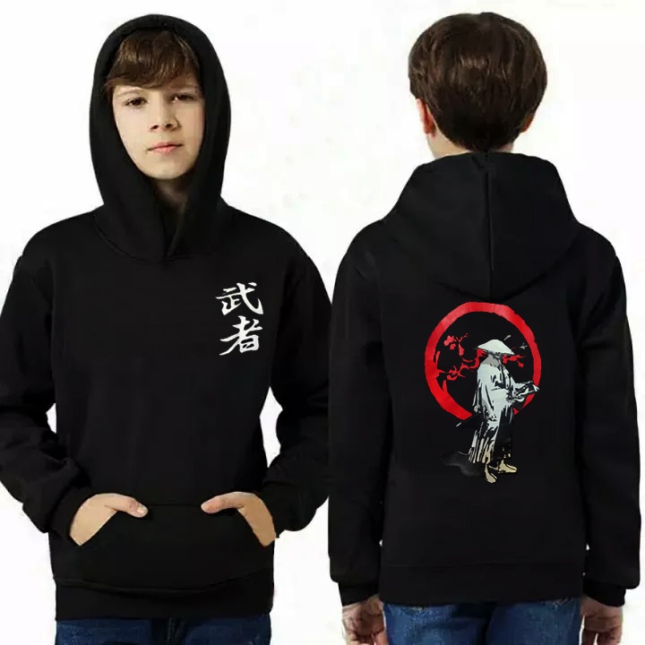 Jaket Sweater Hoodie Anak Motif Samurai Jepang Laki Laki Hodie Switer Anak Cowok Katun Size S-XL Hoodie Anak Anime Jepang Wibu Umur 3-12 Tahun dan Dewasa