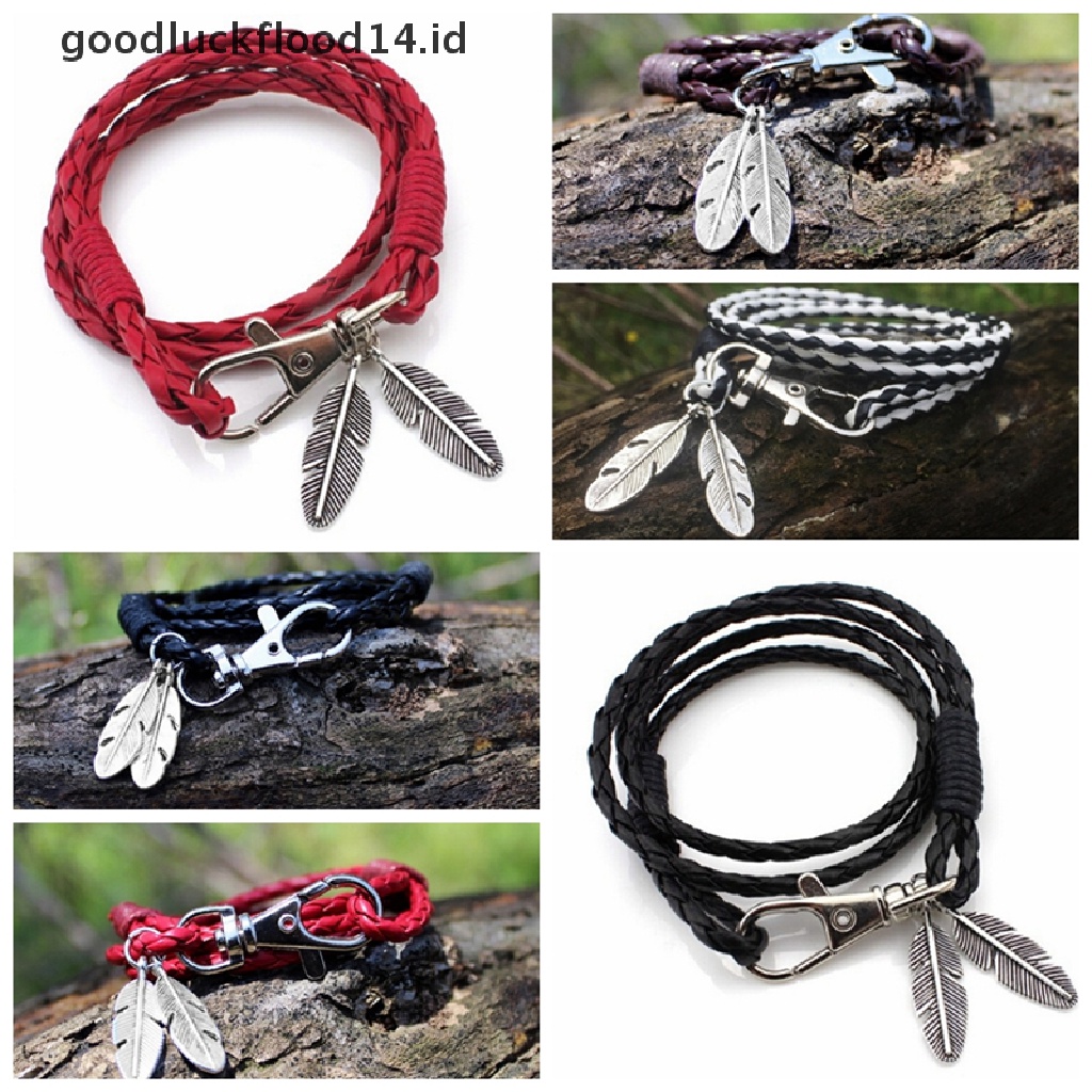 [OOID] Fashion New Bangles Men Jewelry Accessories PU Leather Feather Charm Bracelets ID