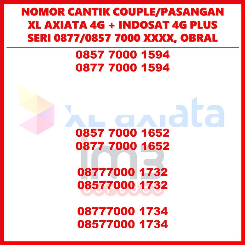 Kartu perdana nomer cantik im3 indosat & XL 4G couple / pasangan obral 7000
