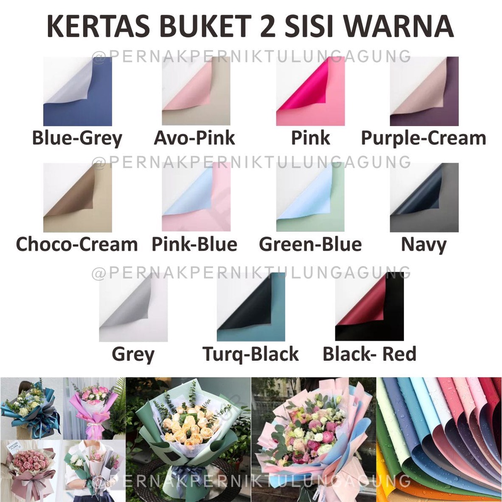 

Kertas Buket 2 Sisi Warna Berbeda / Plastik Cellophane 2 Sisi Warna Berbeda - Per 5 Lembar - warna Blue-grey, Avo-pink, Pink, Purple-cream, Choco-cream, Pink-blue, Green-blue, Navy, Grey, Turq-black, Black-red
