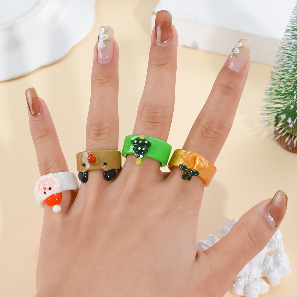 Cincin Desain Kartun Hewan Rusa Santa Claus Snowman Pohon Natal Bahan Akrilik Untuk Wanita