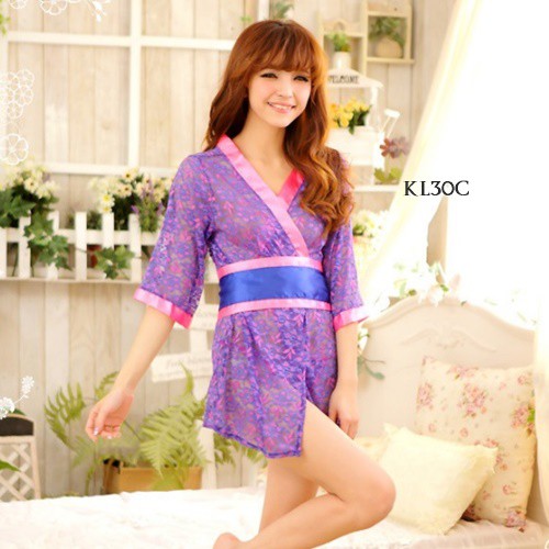 [LIMITED STOCK] KIMONO TIDUR LINGERIE WANITA SLEEPWEAR SATIN BROKAT UNGU KL30C