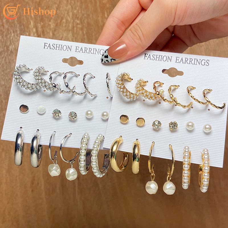 Gold Pearl Crystal Earrings Set 9 Pairs/set Silver Elegant Stud Earring for Women Jewelry Accessories
