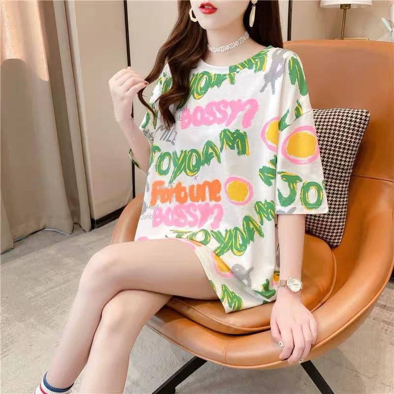 Oversize Tee Tshirt Wanita Model Longgar Motif Tulisan Fortune