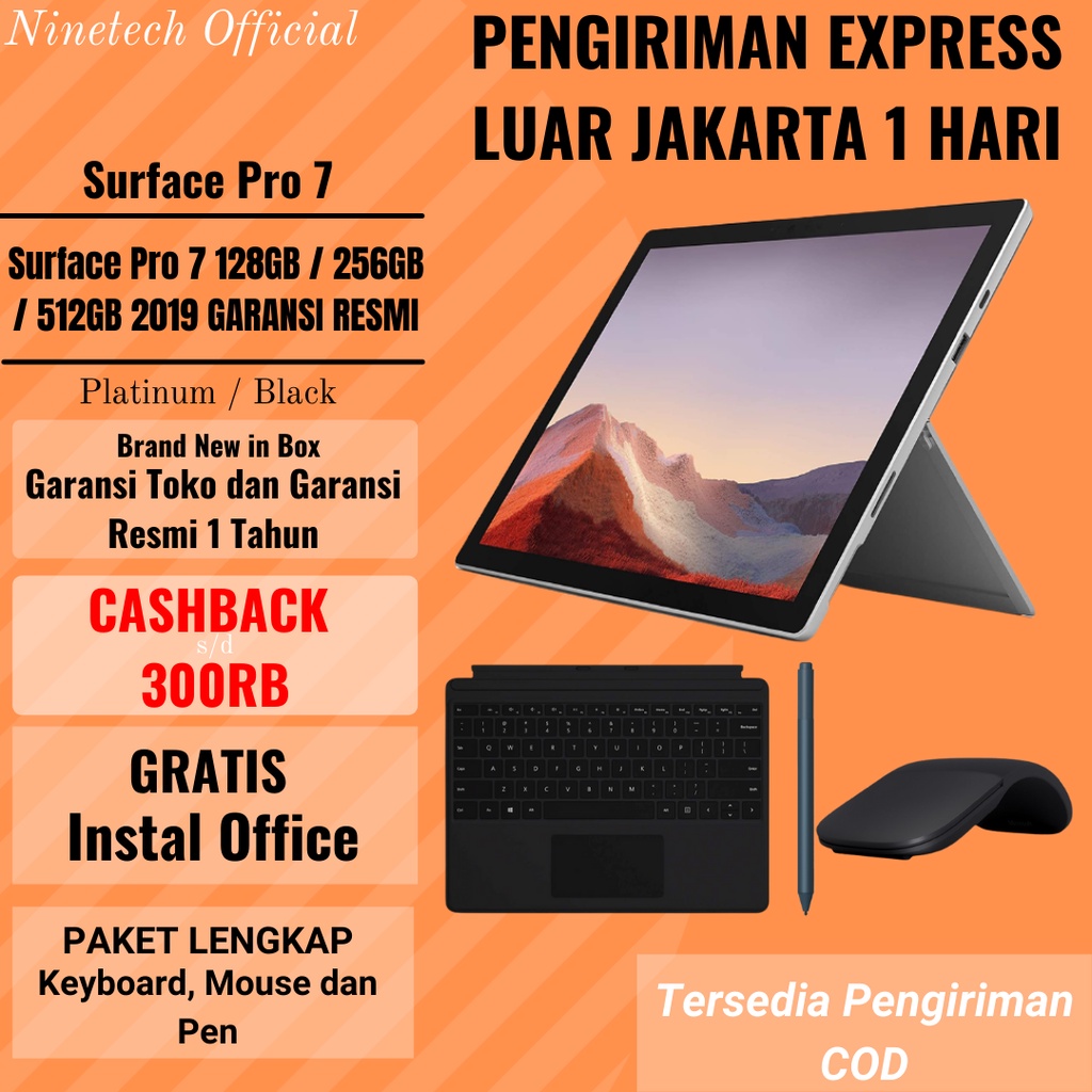 Microsoft Surface Pro 7 Intel i5 RAM 128GB 256GB 512GB 1TB SSD BLACK / PLATINUM GARANSI RESMI