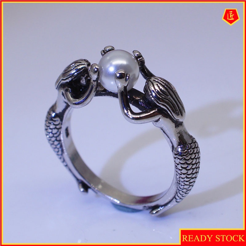 [Ready Stock]Simple Personality Mermaid Pearl Silver Black Ring