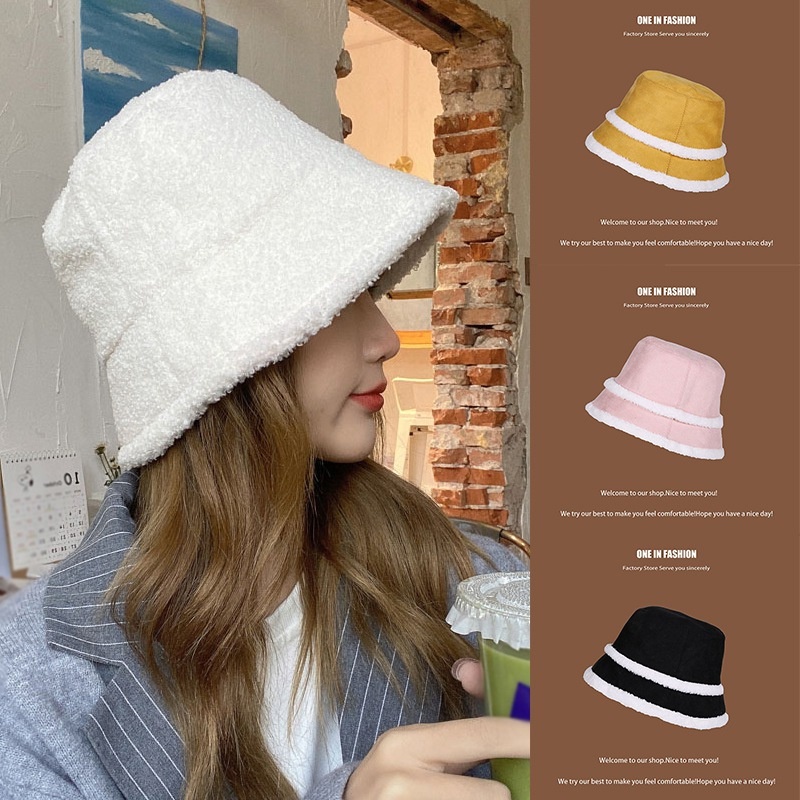 Topi Bucket Bahan Suede Wol Domba Tebal Hangat Dua Sisi Gaya Jepang Untuk Wanita