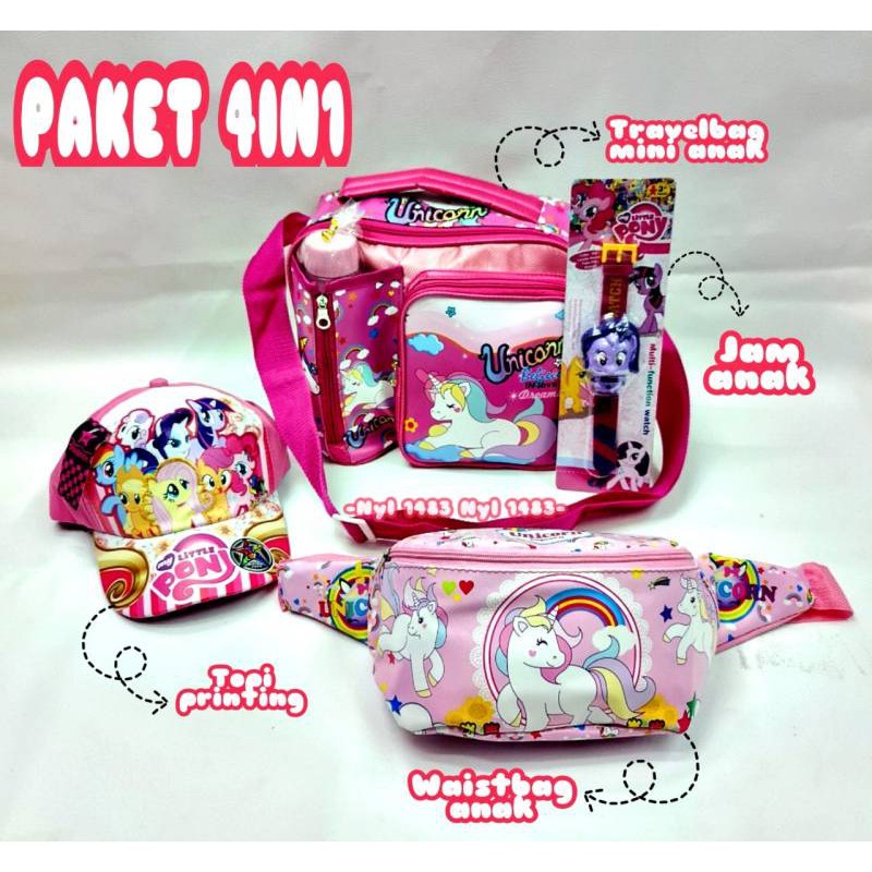 PAKET HEMAT 4IN1 ^^ Ransel/Travelbag -- Topi printing - Jam tangan - Waistbag Anak Perempuan