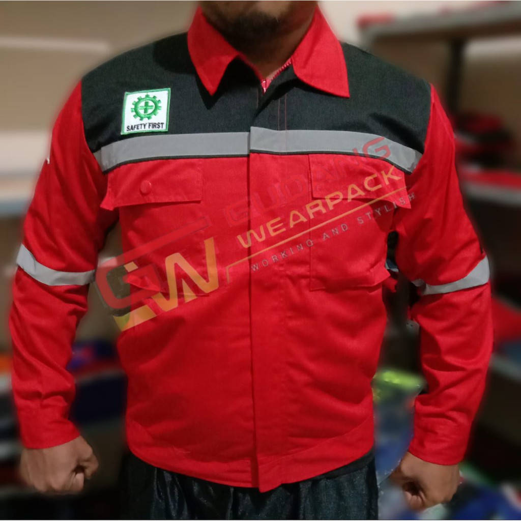 Star Wearpack - Kemeja Kerja Proyek Warna Merah Kombinasi Hitam Lengan Panjang