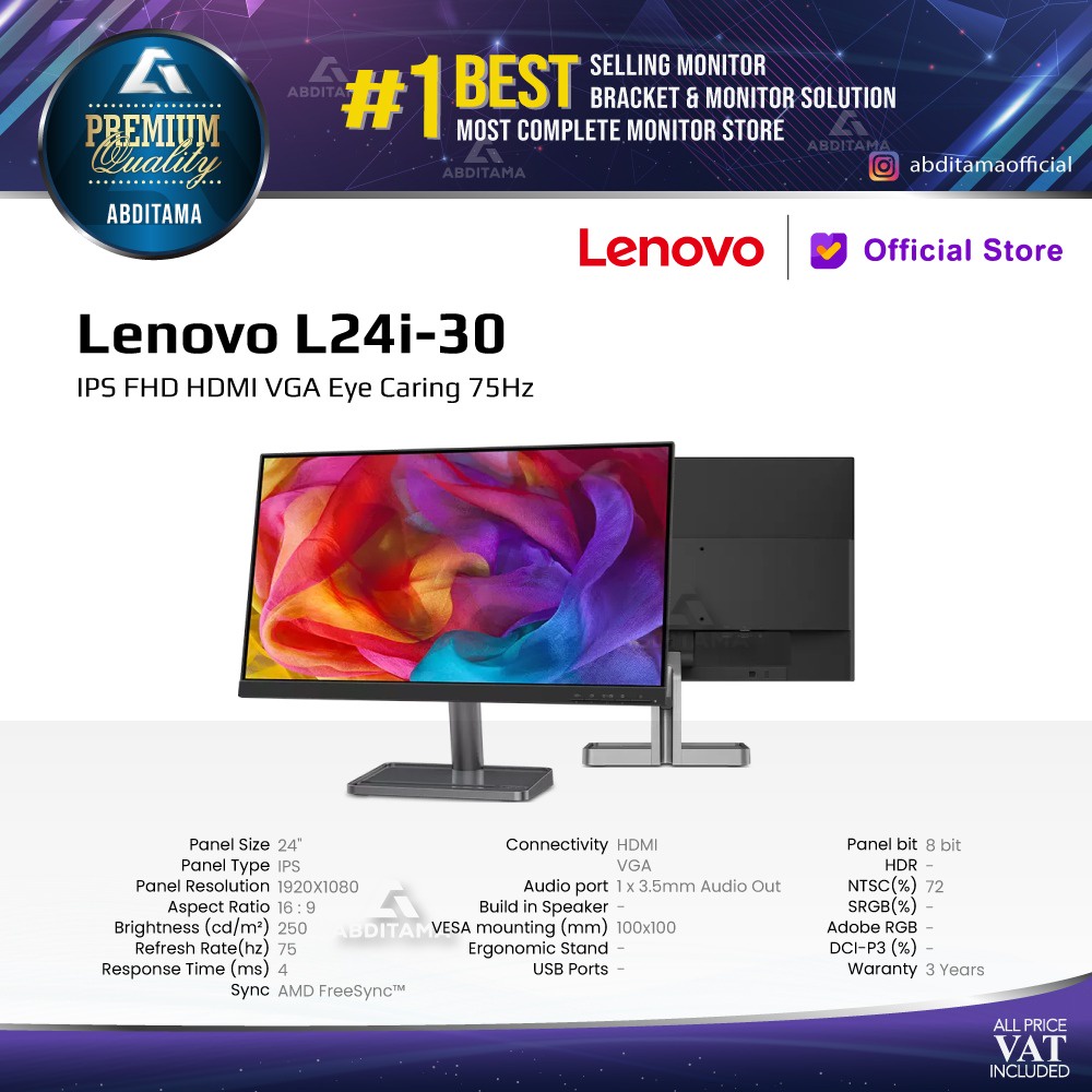 Monitor LED LENOVO L24I-30 IPS FHD HDMI VGA Eye Caring 75Hz