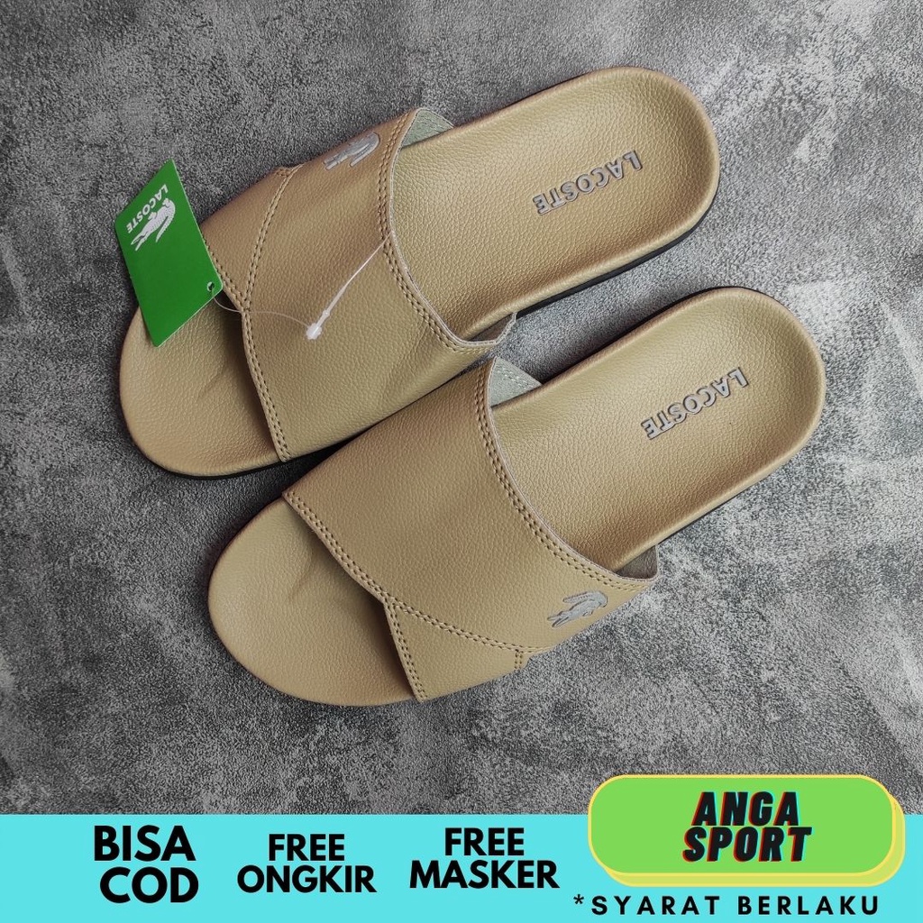 SANDAL PRIA SLIDE LACOSTE CROCO BIEGE PREMIUM / SENDAL SELOP REMAJA DEWASA KEKINIAN KEREN  / SANDAL SLOP COWOK KULIT CASUAL SANTAI SIZE 39-43