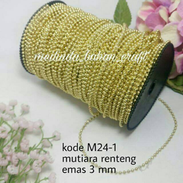 Kode M24-1. Mutiara renteng emas 3 mm.mote lada renteng gold 3mm per yard