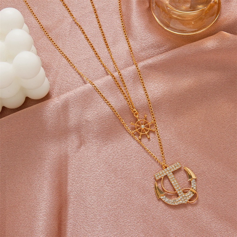 Kalung Liontin Jangkar Ganda Aksen Berlian Imitasi Gaya Retro Korea Untuk Pria Dan Wanita