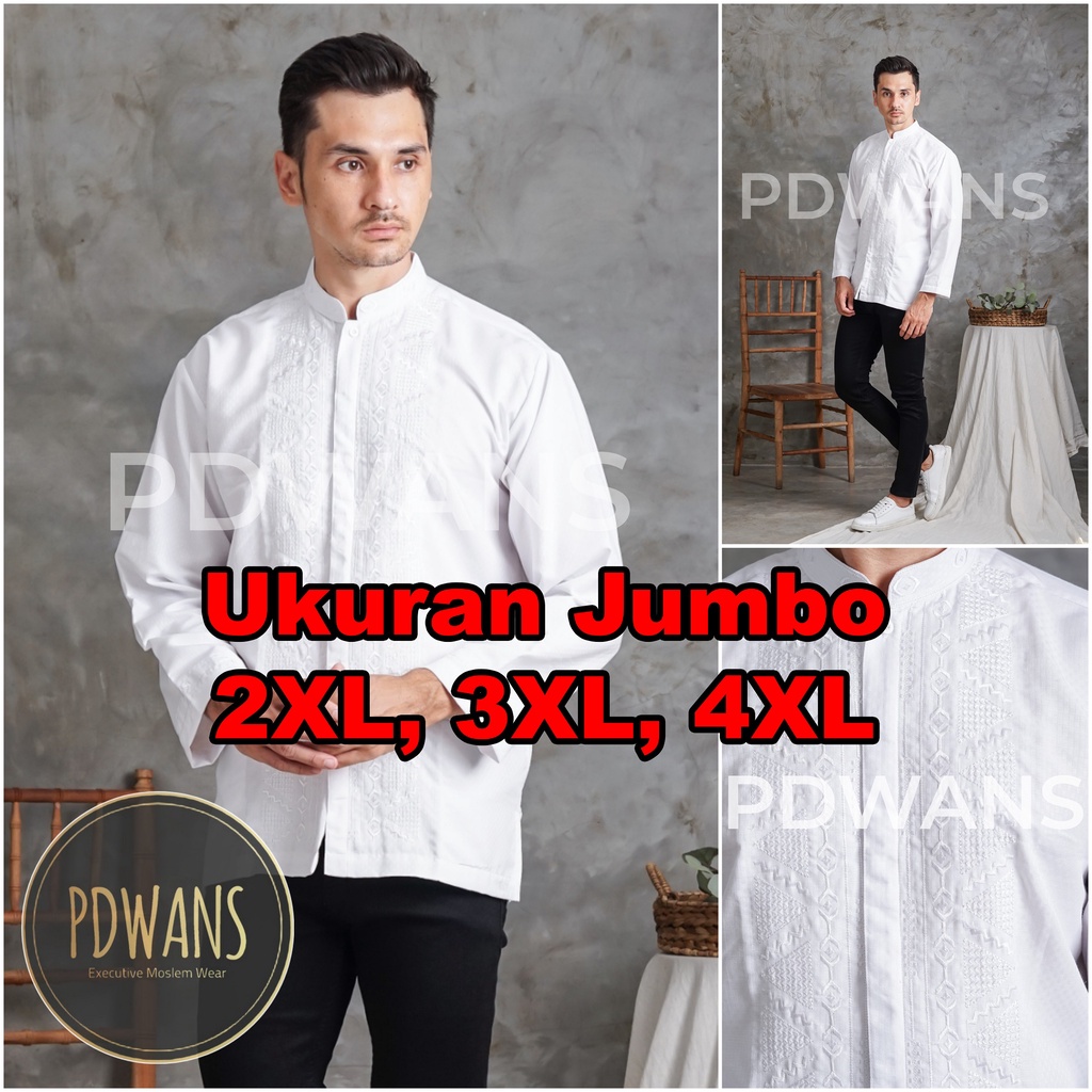 Baju Koko JUMBO BIG SIZE XXL XXXL XXXXL 2XL 3XL 4XL Lengan Panjang Putih Kemeja Koko Muslim Bordir  PDWANS - RDPJG04JUMBO