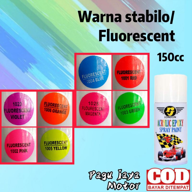 Pilok pilox 150cc semua warna stabilo fluorescent merah red pink hijau green blue biru kuning yellow orange violet ungu magenta cat semprot