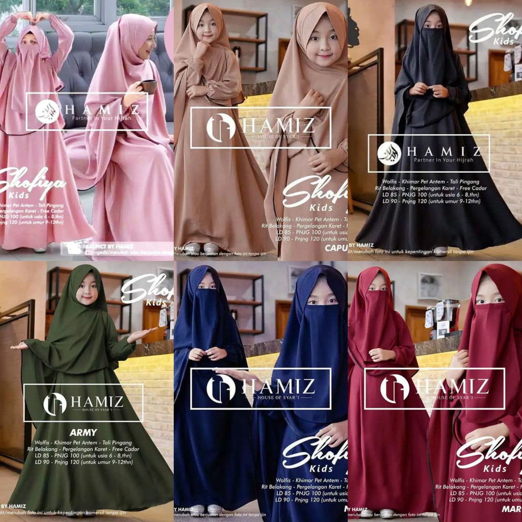 Bisa COD SHOFIYA KIDS SYARI (6 pilihan warna 2 size) gamis set anak khimar dan cadar (5-12 thn)