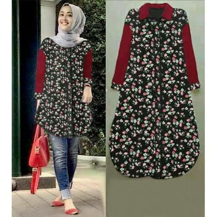 Fashion Pakaian Wanita Hem Tunik Flowery