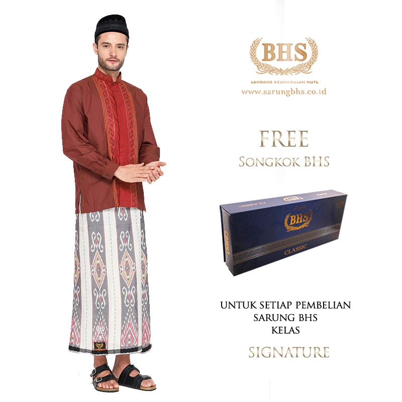 Sarung BHS Signature Gold Motif Kawung Sersan Dua Warna Putih