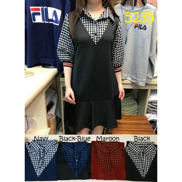 Dres kemeja tunik scuba katun kotak hitam biru merah maroon