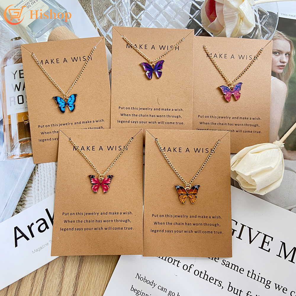 Colorful Butterfly Necklace Simple Chain Card Gift Women Jewelry Fashion Accessories