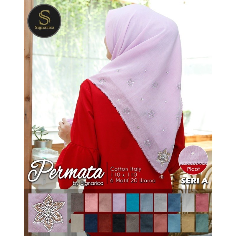 SEGIEMPAT PERMATA PICOT HIJAB BY SIGNARICA BAHAN VOAL COTTON ITALY 110 X 110 SEGI EMPAT MEWAH GROSIR