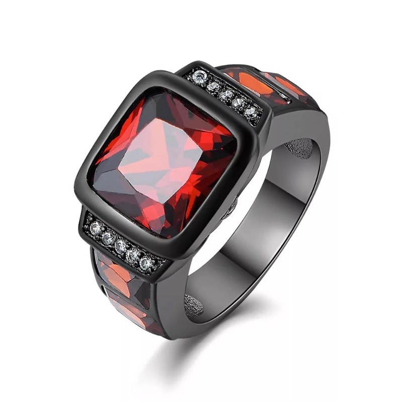 Cincin Ruby Stone Mewah Elegan Minimalis Modern Black Platted Batu Rubi Merah