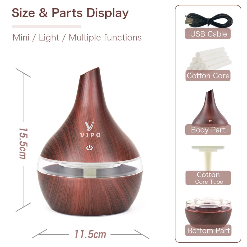 Vipo Official Shop VIP-16 Diffuser Aroma Terapi Essential Oil Pelembab Humidifier Motif Kayu Alat Pengharum Ruangan Anti Stres