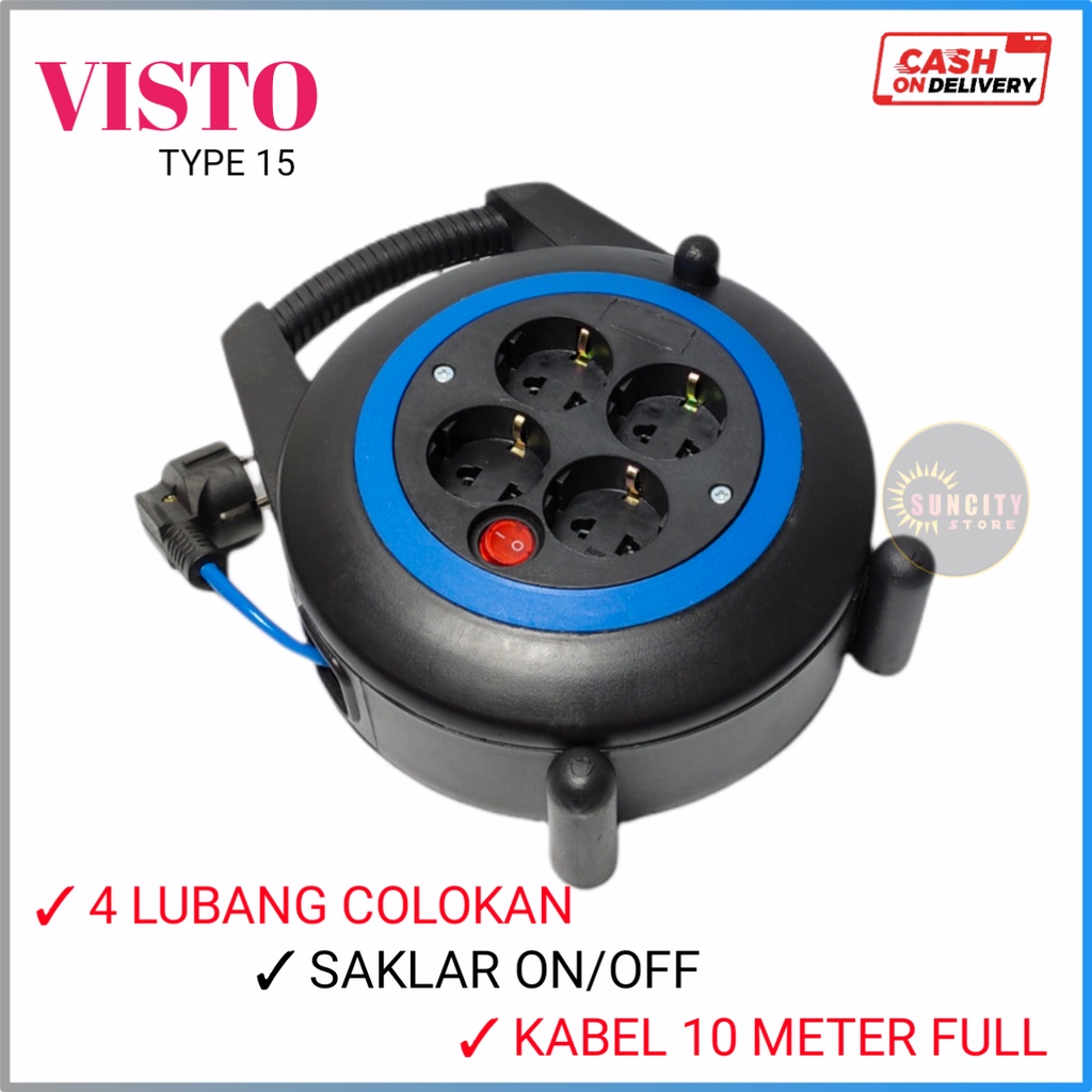 VISTO Kabel Roll Switch ON/OFF 4 Lubang Colokan + Kabel 10 Meter &amp; 15 Meter Full