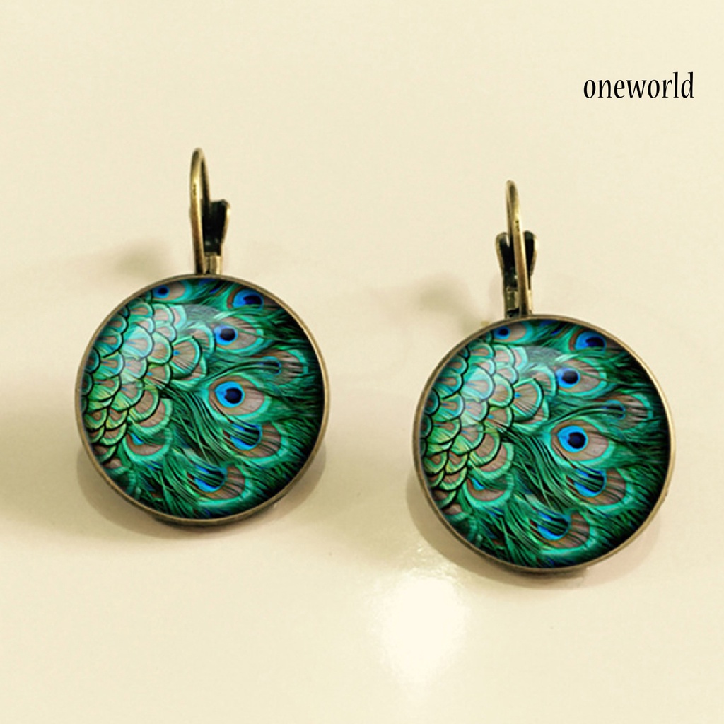 OW# 1 Pair Earrings Glass Cabochon Dangle Peacock Pattern 2 Colors Vintage Leaverback Earrings for Gift