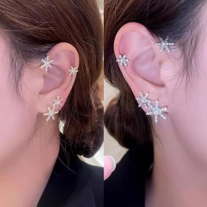 Fancyqube 1 Pasang Anting Klip Tulang Rawan Telinga Bentuk Kepingan Salju Kupu-Kupu Bahan Zirkon Berkilau