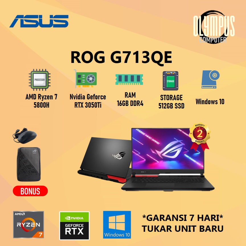 Laptop Asus Rog G713QE RTX3050TI Ryzen 7 5800H 16GB 512SSD W10+OHS 17.3FHD 144HZ