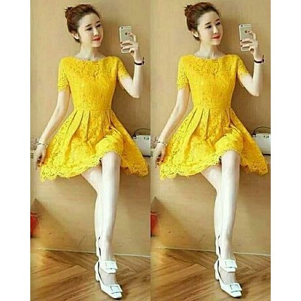 Jual- Dress (M - Fit L) AMALIA MUSTARD - Brokat Furing - Yellow Murah dan Bagus