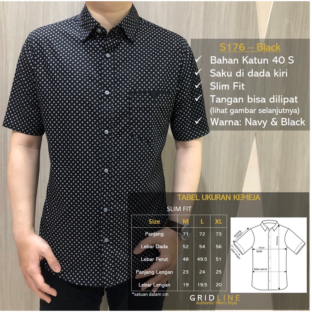 [GRIDLINE - S336 Indigo Blue - S311 Powder White - S176 Black] Kemeja Pria Katun Lengan Pendek Slimfit Simpel Keren Premium Best SellerM-XXL