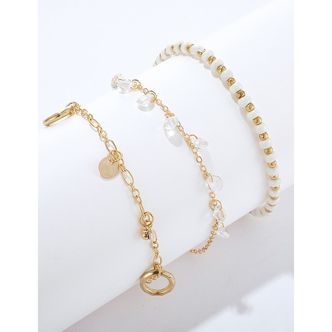 LRC Gelang Kaki Fashion Gold Rice Beads Round Tassel Multi-layered Anklet 3 Piece Set D20898