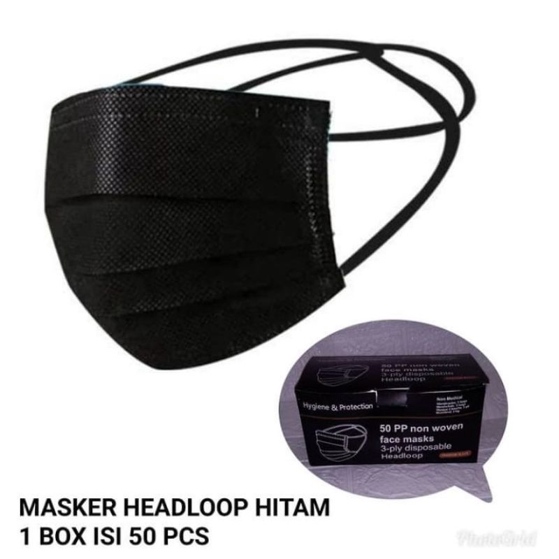 Masker hitam 3 ply EARLOOP / Disposable 3 PLAY 1 box isi 50 pcs Masker medis hijab hitam