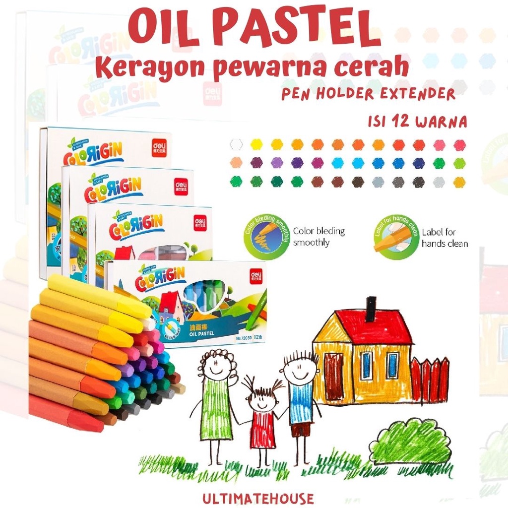 Oil Pastel Isi 12 Warna Cerah Dengan Pen Holder Extender Rautan Pensil Krayon Kerayon Crayon