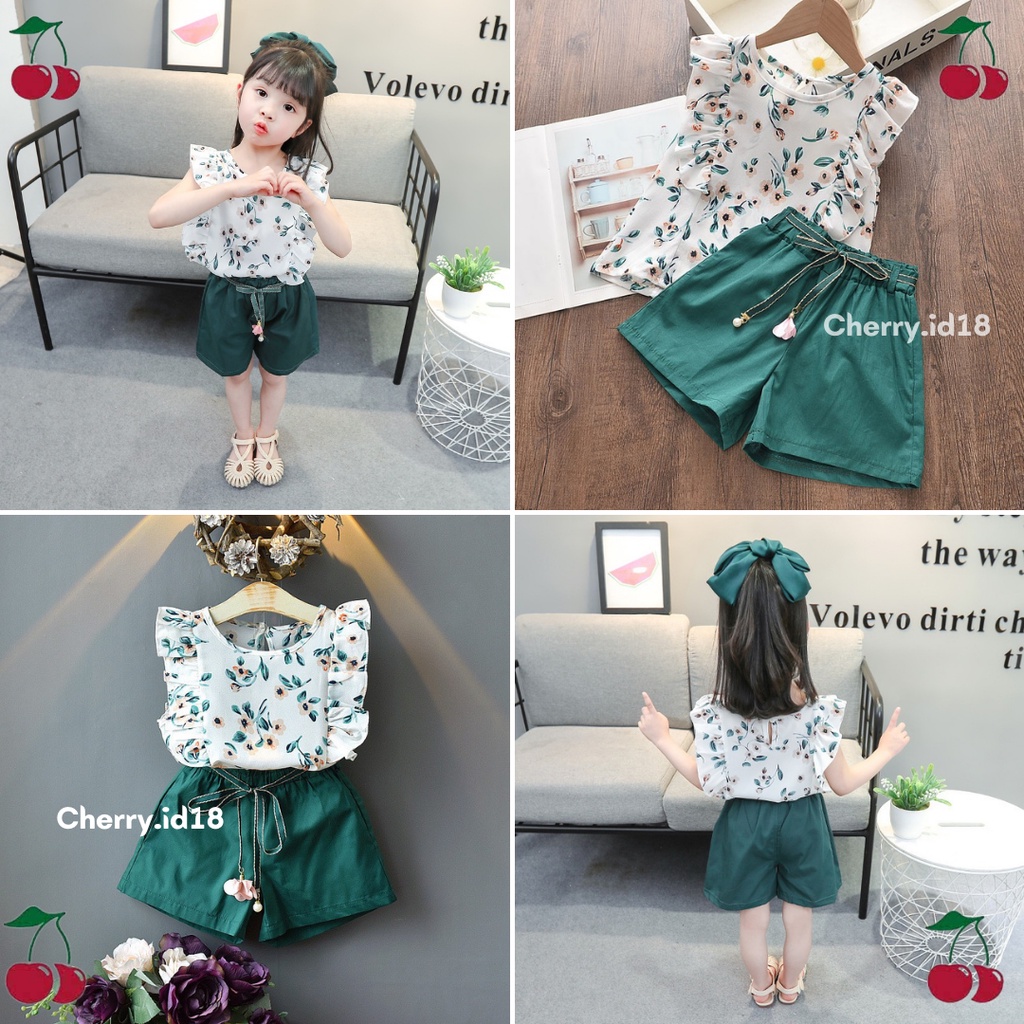 Cherry COD Baju Anak Perempuan Motif Bunga Anggrek / Setelan Anak Perempuan Hijau Gisella - SP06