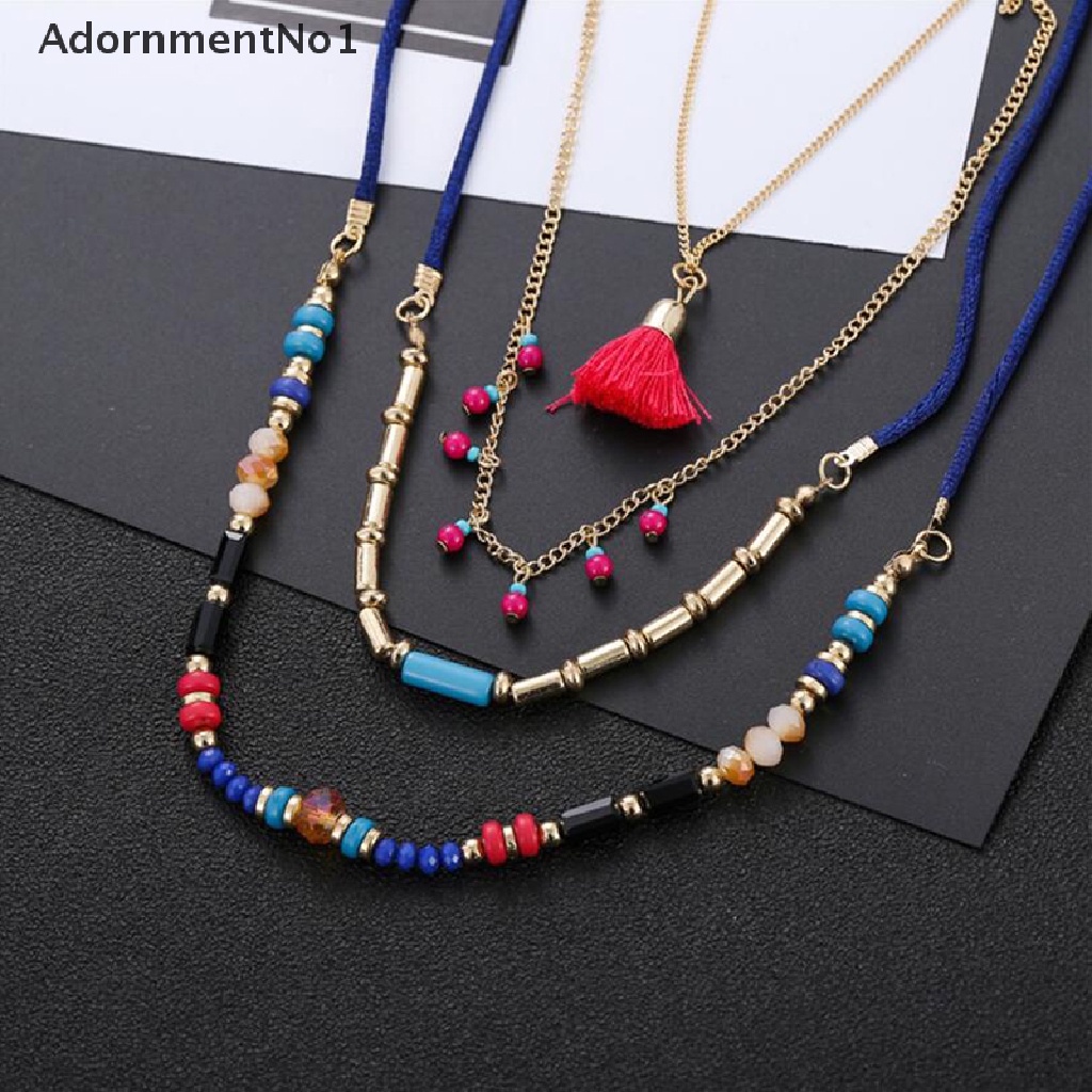 (AdornmentNo1) Kalung Choker Rantai Banyak Lapis Aksen Rumbai Manik-Manik Warna-Warni Gaya Bohemian Etnik Untuk Wanita